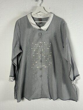 Deborah Cross Womens Black White Striped Textured Button-Up Blouse Tunic Top